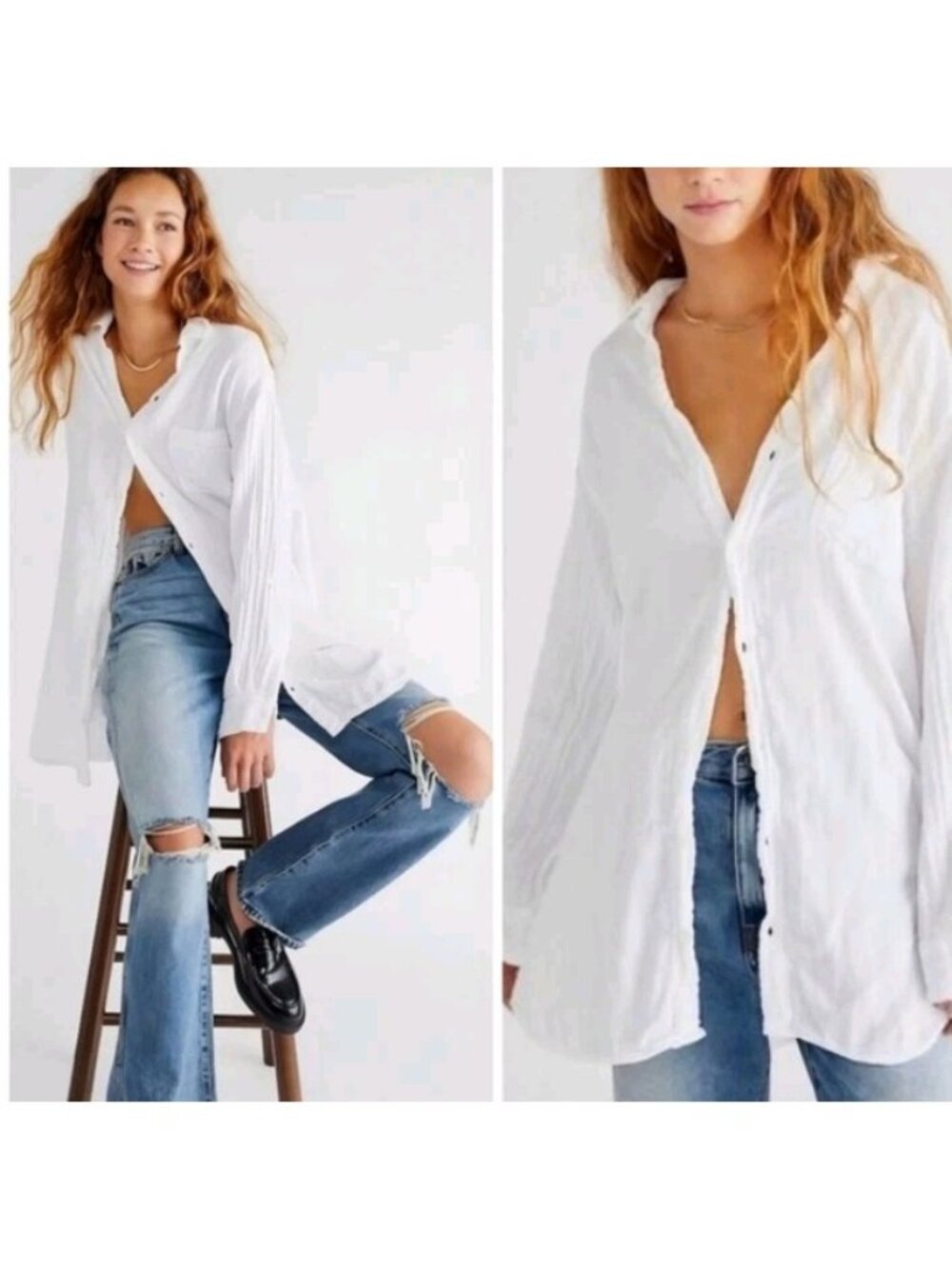 Free People x CP Shades Cotton Gauze Shirt Boho Casual Oversized Grunge M White